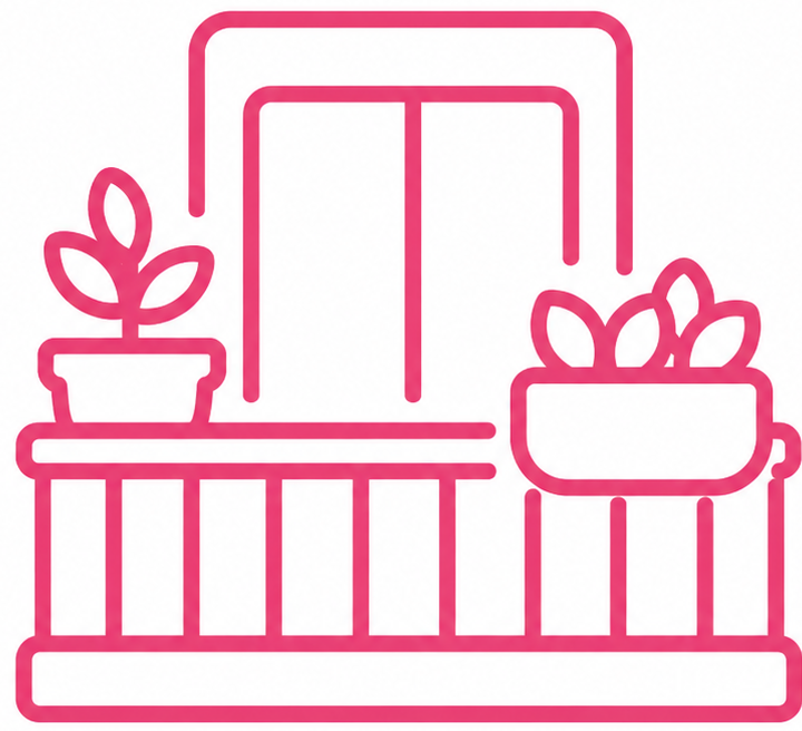 Icône de terrasse et balcon avec plantes, indiquant des zones humides favorables aux moustiques.