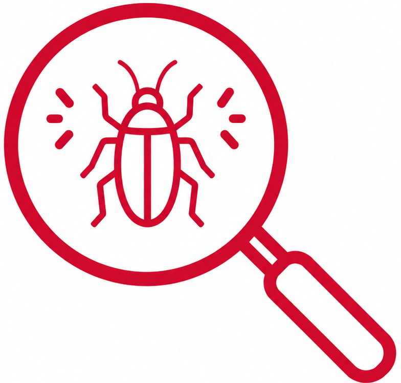 Icône rouge de loupe avec insecte représentant l’inspection des cafards et blattes.