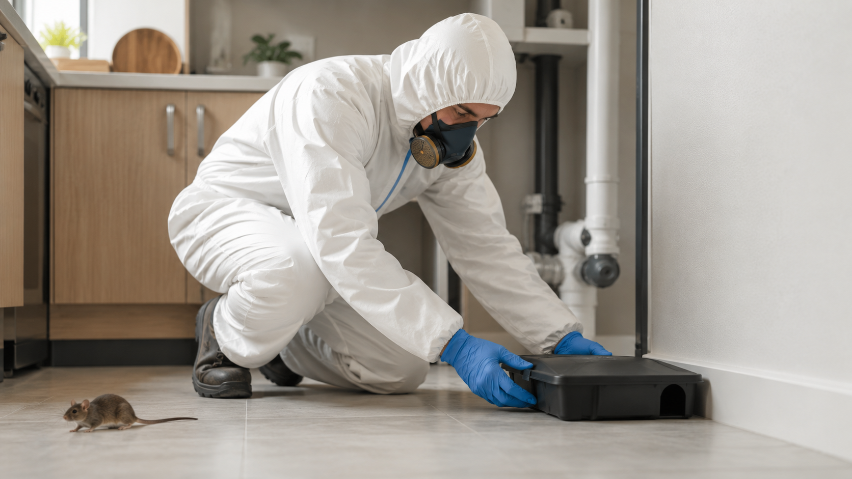Technicien en dératisation traitant une infestation de rats et souris dans une maison