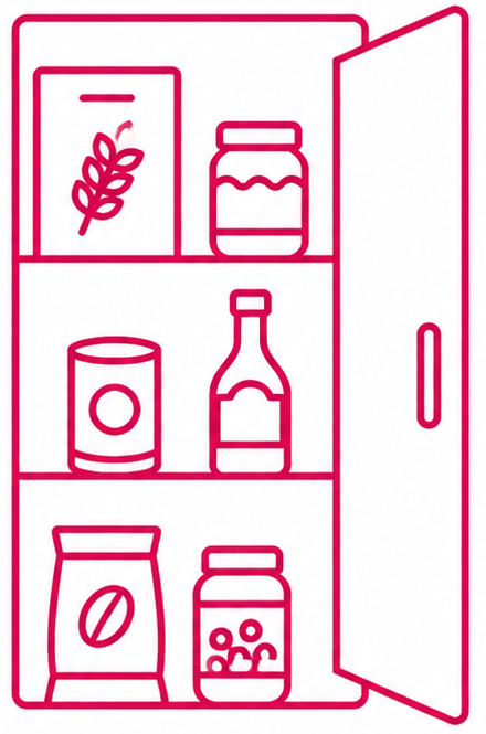 Icône de placard alimentaire ouvert avec des produits, représentant les endroits où les fourmis peuvent se cacher près de la nourriture.