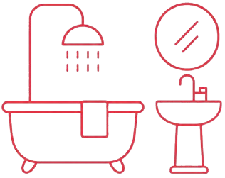 Icône rouge de salle de bain avec baignoire, douche, lavabo et miroir, représentant les zones humides où les cafards peuvent se cacher.