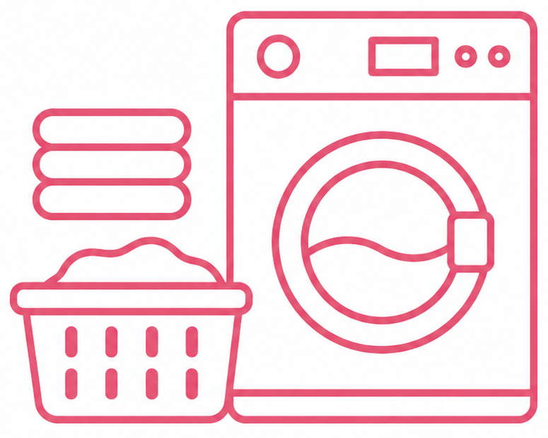 **Alt text:** Icône de buanderie avec machine à laver, panier à linge et serviettes pliées, représentant les zones humides favorables aux poissons d’argent.