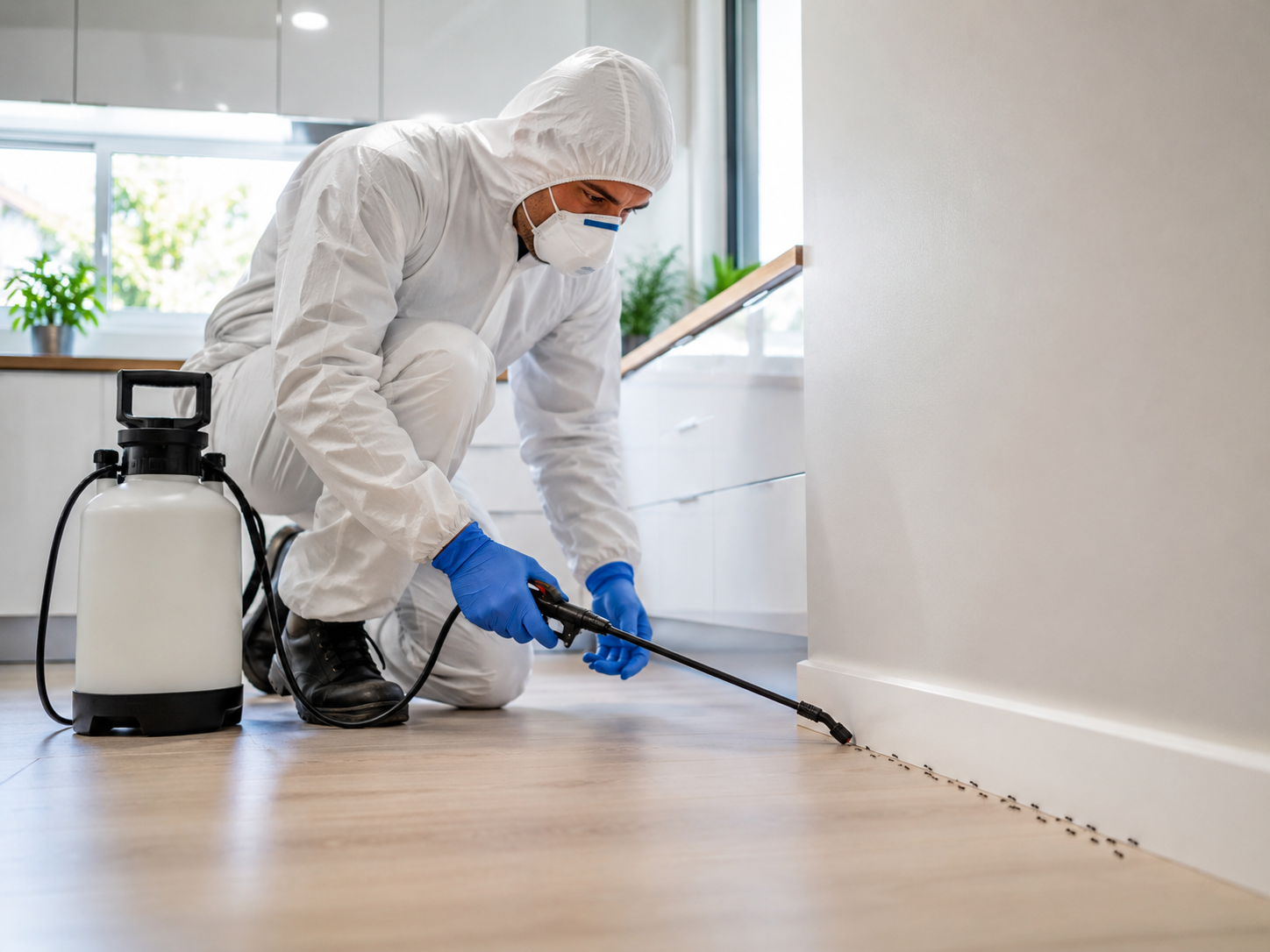 Technicien en combinaison de protection pulvérisant un traitement anti-fourmis le long des plinthes dans une cuisine moderne.