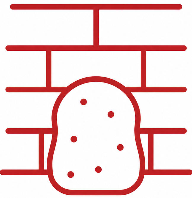 Red outline icon of a brick wall with a sealed hole, representing blocked rodent entry points.