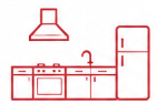 Icône rouge représentant une cuisine, zone sensible aux infestations de cafards et autres nuisibles.