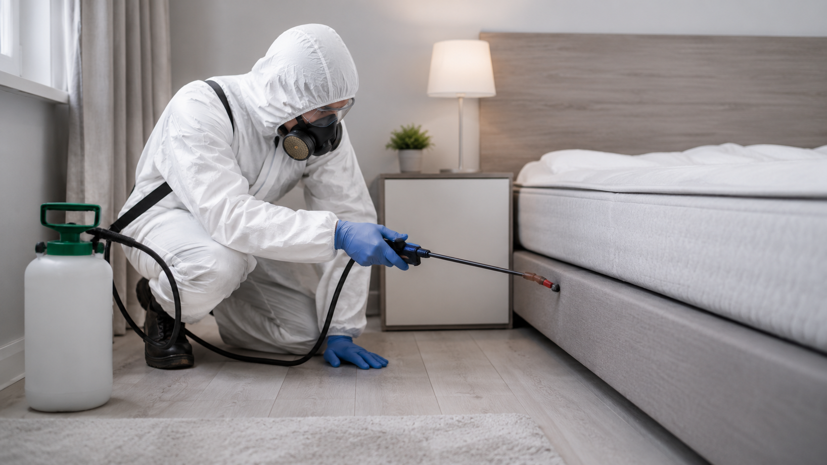Technicien en combinaison de protection appliquant un traitement professionnel anti-mites près d’un lit dans une chambre.