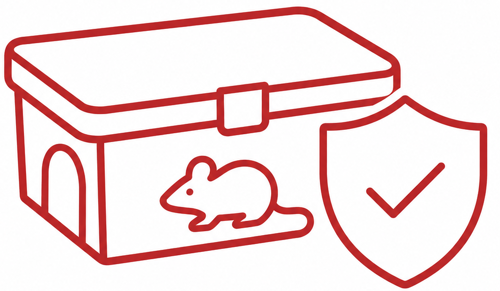 Red outline icon of a secure rodent bait station with a mouse symbol and protective shield.
