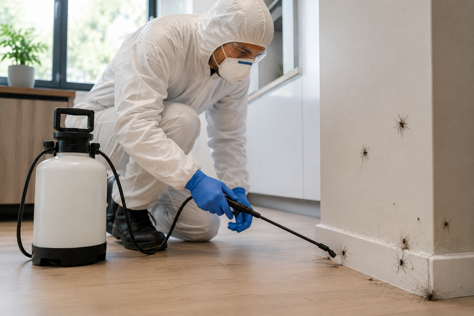 Technicien antiparasitaire traitant les zones de présence d’araignées dans une maison
